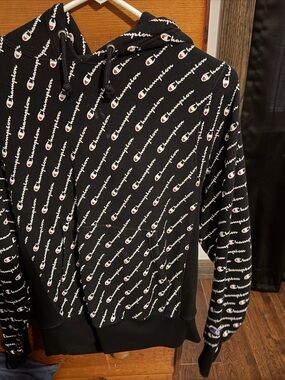 Champion Black Hoodie with White Script and Red Logo Accents